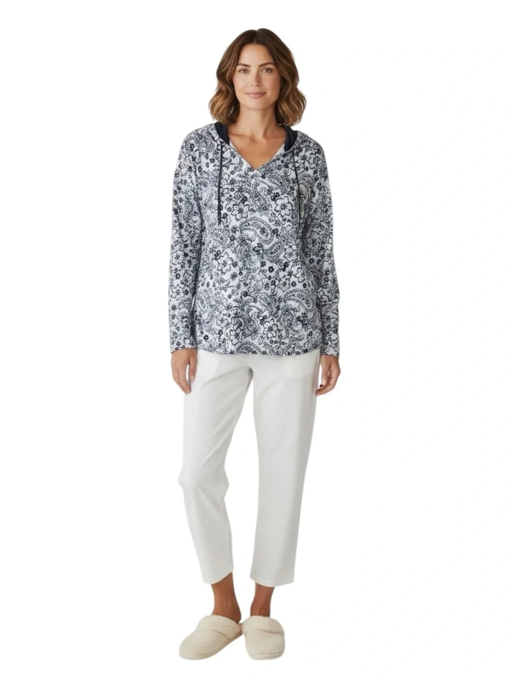 Comfort Code By CUDDL DUDS Pullover Floral Patterned Hoodie in Blues Size Large